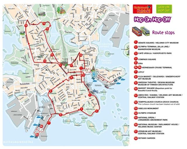 Mapa de las rutas de autobús Hop On Hop Off de Helsinki